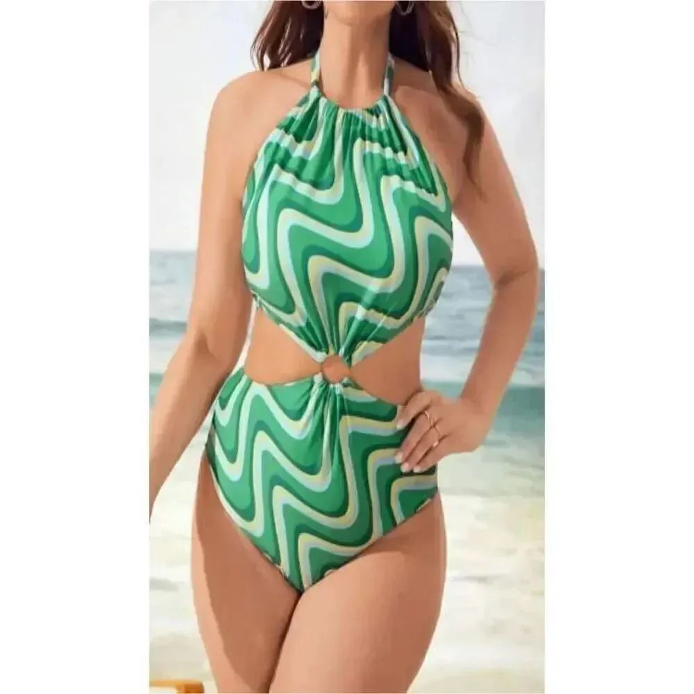 Green Yellow Blue Swirl Cut Out Waist One Piece Bathing Swim Suit